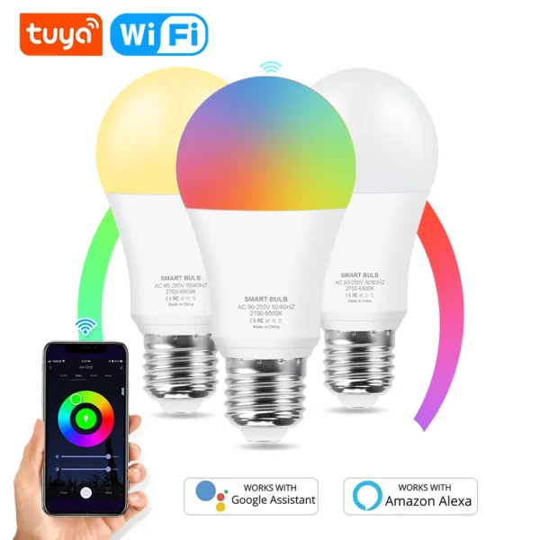 kf S6e05d7000d4b478db41902bb3f5d5bcc0 Tuya Wifi E27 Led Lamp RGB CW WW Led Light Bulb Alexa Smart Bulb Compatible With