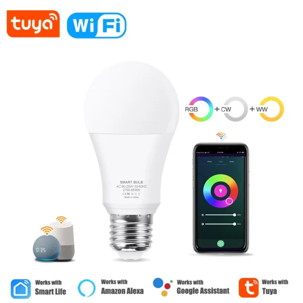 kf S7046db055c4c464ba8dbeca212f4f69fY 15W WiFi Smart Led Light Bulb E27 LED RGBCW Smart Bulb Voice Control Via Google Home