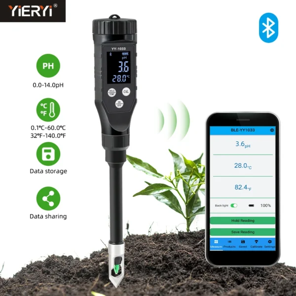 kf Sa4314d9dea944192a34af23ded687b83a Smart Soil PH Meter 0 0 14 0pH Bluetooth Soil Tester Data Logger Temp Acidity Analyzer