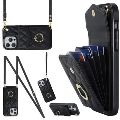 Rhombic Texture Card Bag Phone Case with Long Lanyard
