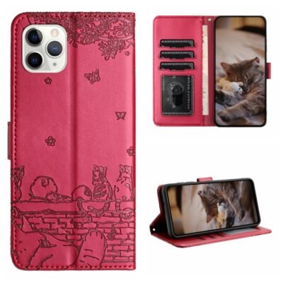 Cat Embossing Pattern Leather Phone Case with Lanyard