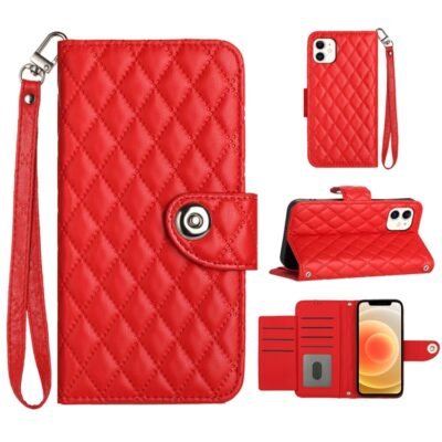 Rhombic Texture Flip Leather Phone Case with Lanyard