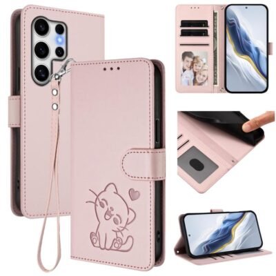 Embossed Heart Cat Leather Phone Case with Hand Strap