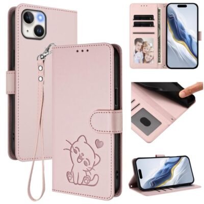 Embossed Heart Cat Leather Phone Case with Hand Strap